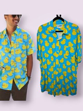 Tipsy Elves Men’s Rubber Ducky Hawaiian Button Down Casual Shirt Blue Yellow XXL